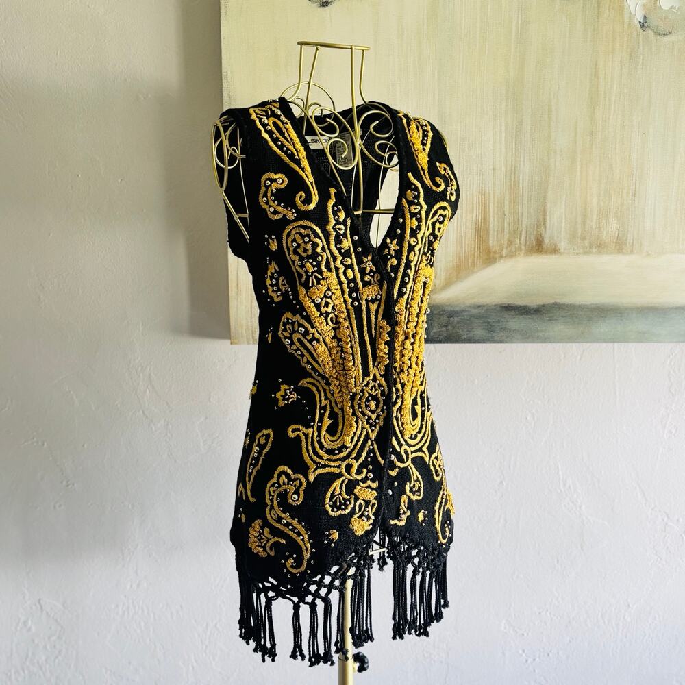 1998 Michael Simon Black Gold Embroidered Paisley Fringe Vest Size 1